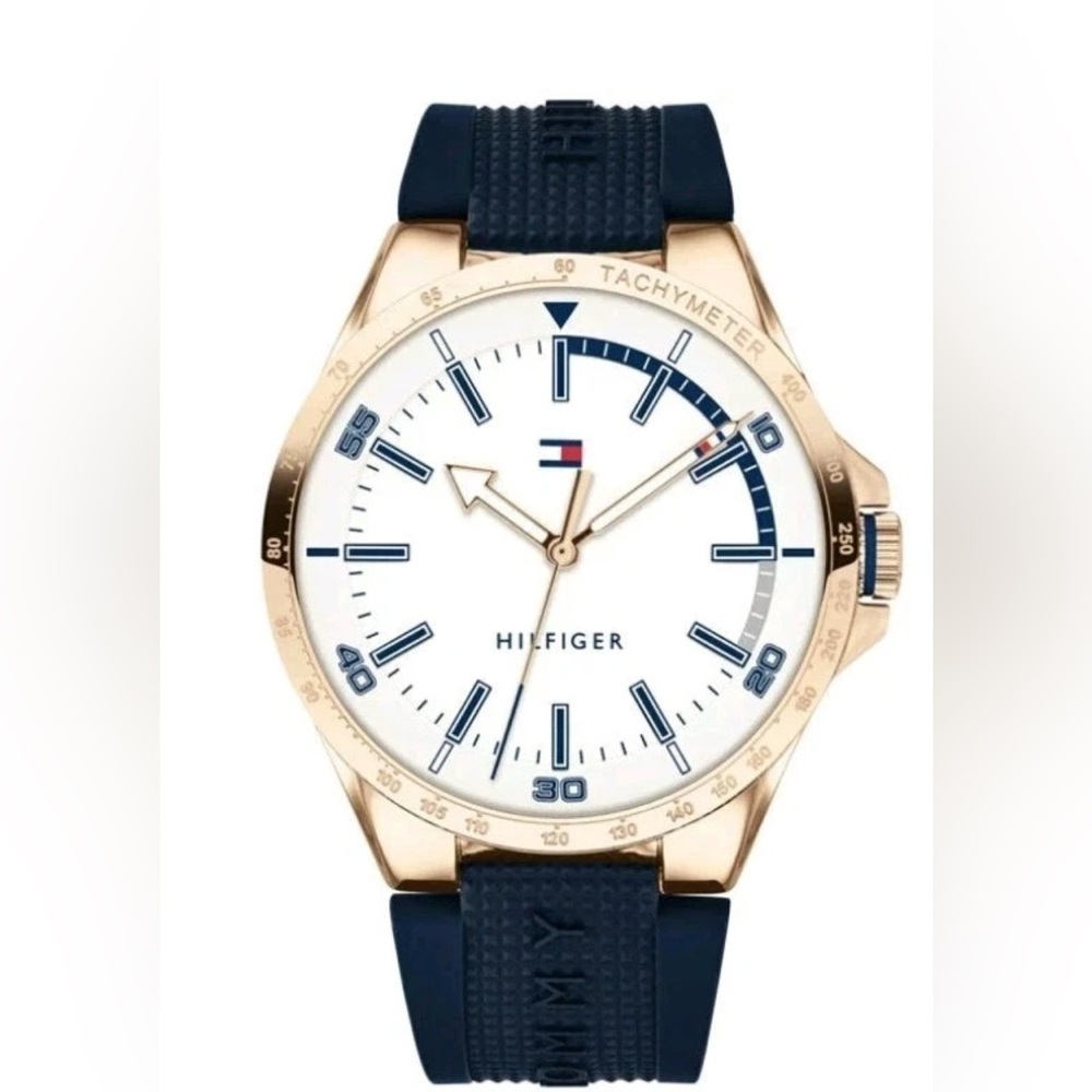 New Tommy Hilfiger Men's White Dial Blue Silicone Band Watch 1791526